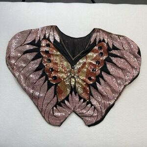 VTG Sequin Butterfly‎ Batwing Top Silk Beaded Boho Festival Disco Fairy Costume